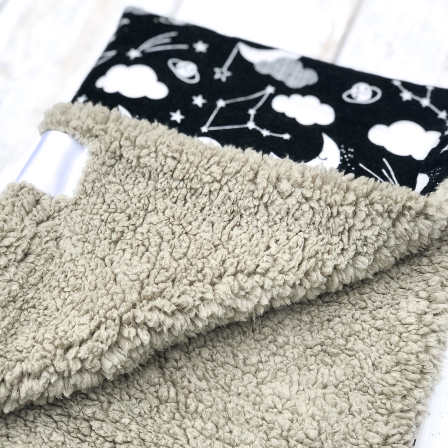 HETTY AND HUXLEY BLACK NIGHT SKY BLANKET WITH GREY FAUX FUR LINING