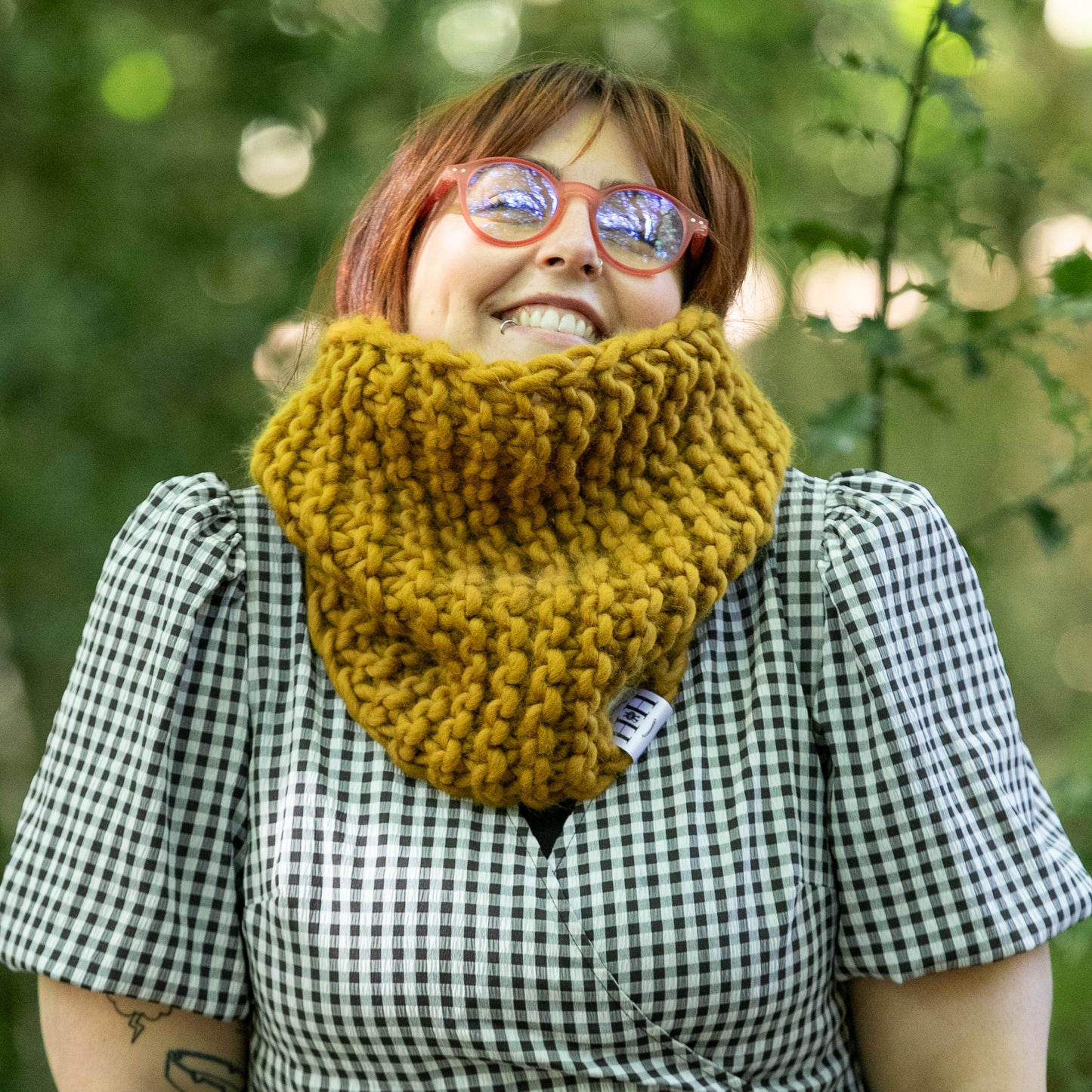 HETTY AND HUXLEY HAND KNITTED HUMAN SNOOD ON WOMAN