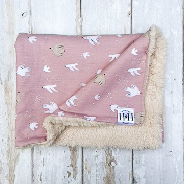 HETTY AND HUXLEY PINK BIRDS BLANKET WITH CREAM FAUX FUR LINING