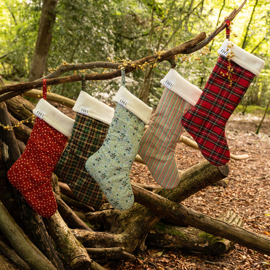 Five Christmas stockings hanging on a branch in a forest setting